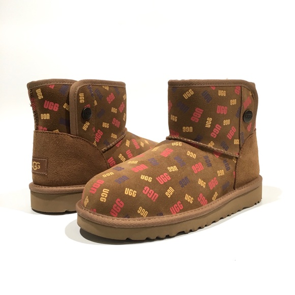UGG JONA CONFETTI LOGO MINI BOOTS -CHESTNUT SUEDE -UGGPURE LINED -BIG KIDS US 3 - Picture 2 of 9